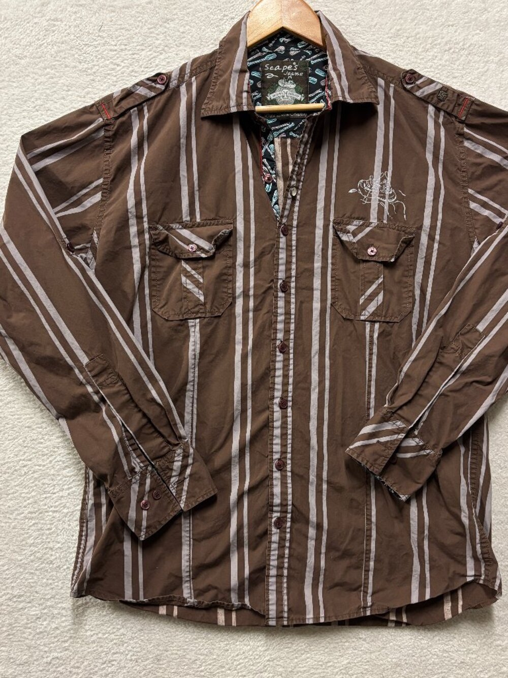 Scapes Jeans Mens L Button Up Shirt Brown Striped Embroidered White Water Raftin